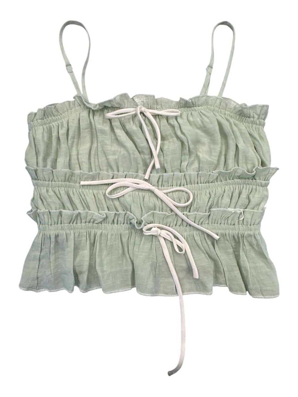 Thirty Thirty Green Smocked Ruffle Tie Front Spaghetti Strap Cami Top M